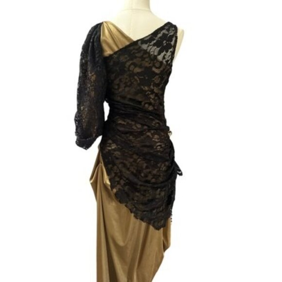 Black & Gold One-Shoulder Lace Evening Dress - Picture 7 of 7